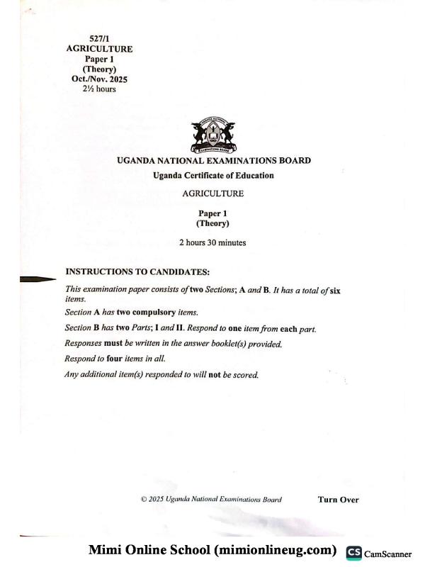 UNEB UCE Agriculture Past Paper 2025