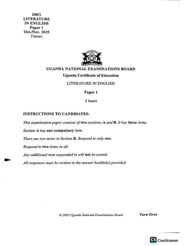 UNEB UCE Literature in English Past Paper