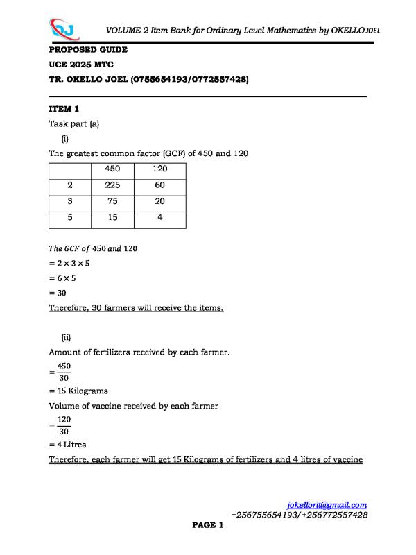 UNEB UCE 2025 Mathematics Proposed Score Guide