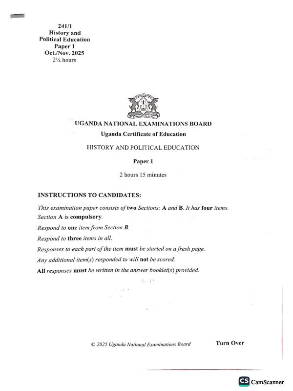 UCE History and Political Education 2025 UNEB Score Guide