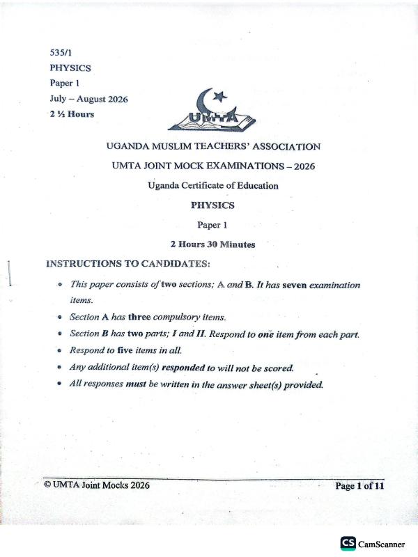 UMTA UCE Physics Past Paper 2026