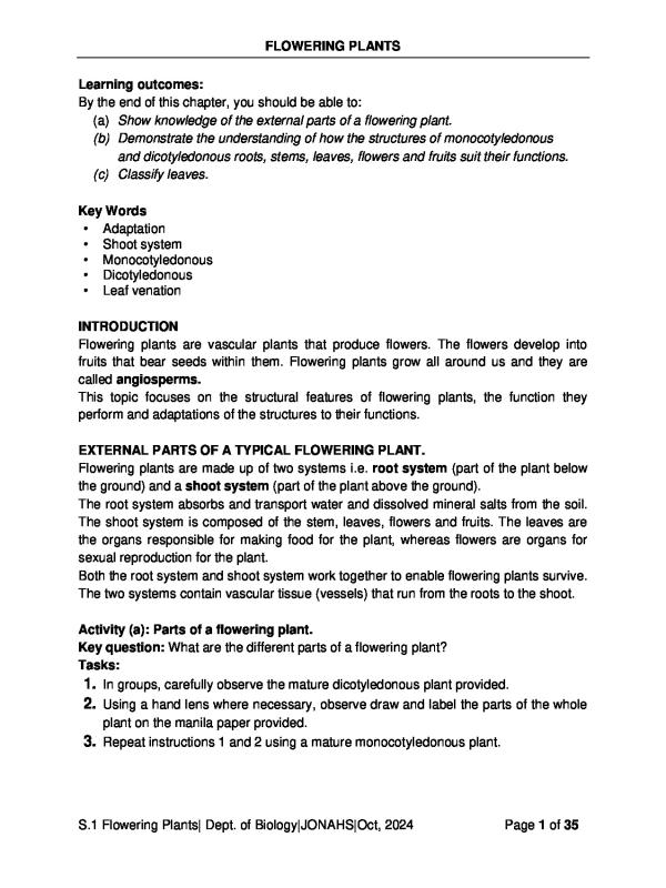 Editted Senior One Biology Term 3 Notes: Flowering Plants (Uganda CBC)