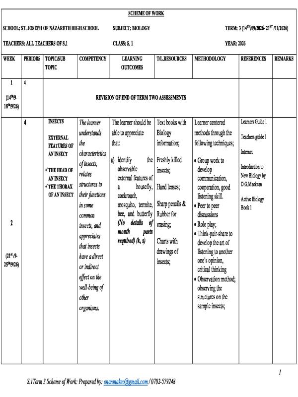 TERM 3 SENIOR ONE SCHEME OF WORK 2026 UPDATED