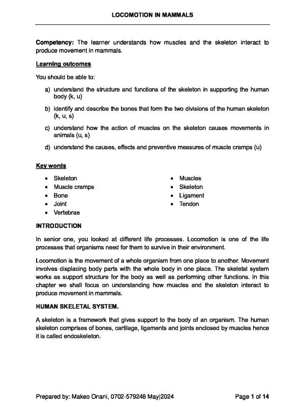 Updated O-Level Biology Notes on Locomotion - UNEB CBC Syllabus