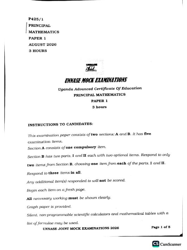 UNNASE Mock UACE Mathematics Paper 1 2026