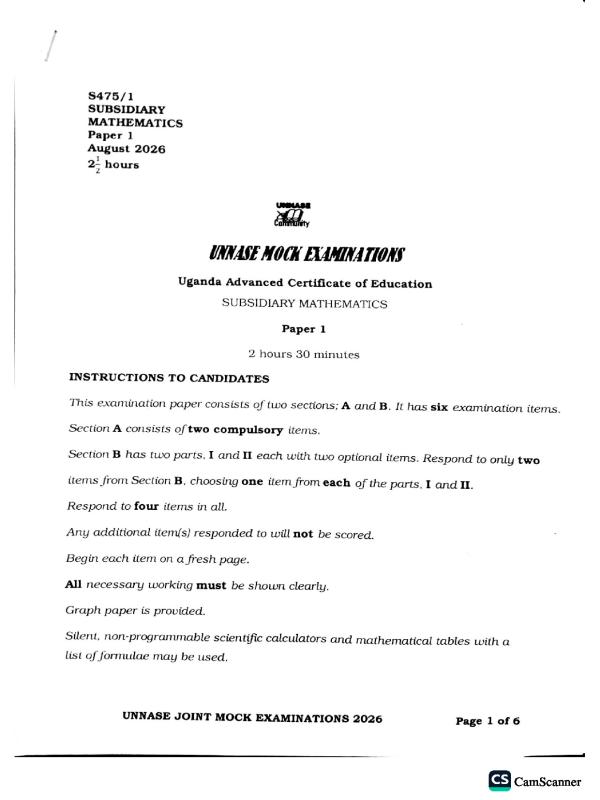 UNNASE UACE Subsidiary Mathematics Examination Paper 2026