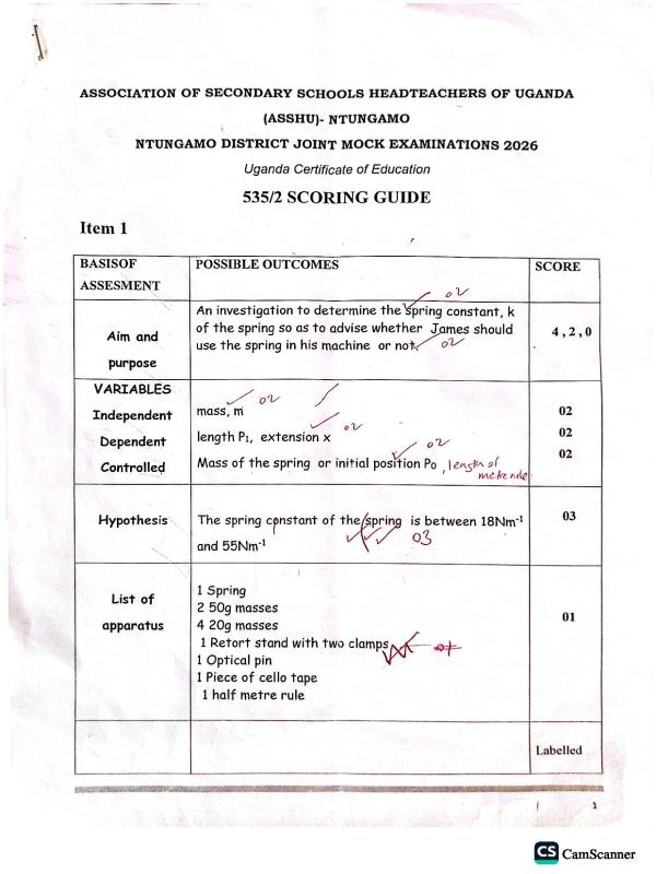 UCE asshu Mock Physics 2 Scoring Guide 2026 - Uganda Exams
