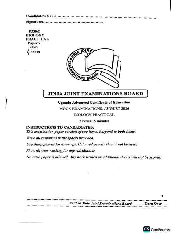 JJEB UACE Biology Paper 2 Mock Examination 2026