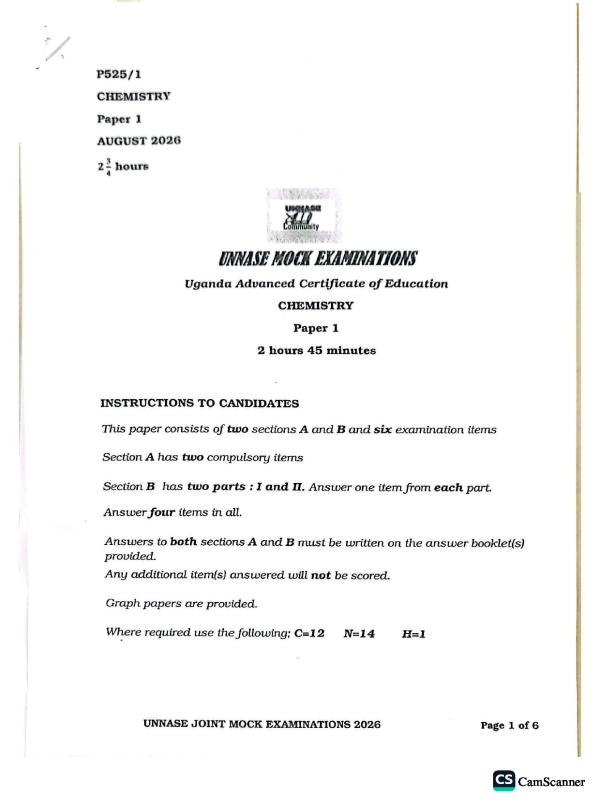UNNASE P525/1 Chemistry Paper 1 Mock Exam 2026 (UACE)