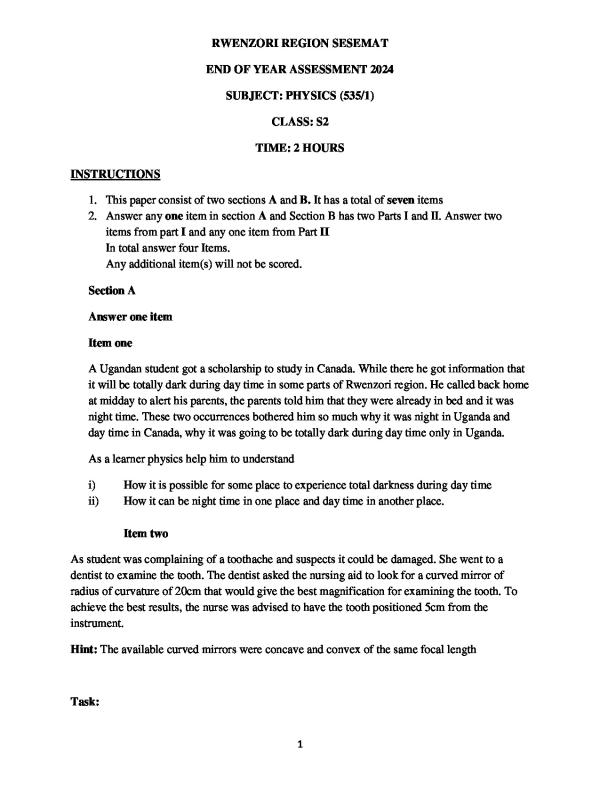 Senior two Rwenzori Region SESEMAT Physics Practice Examination Paper