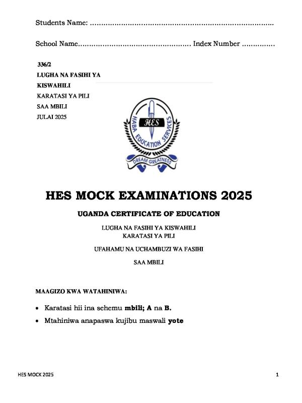 UCE Kiswahili Paper 2 Past Paper for O-Level Revision