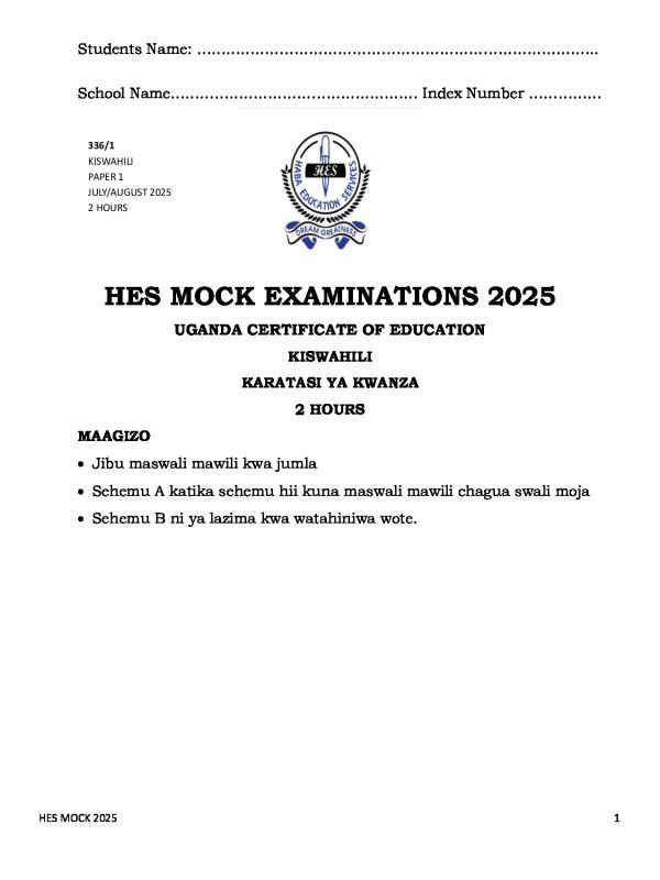 UCE KISWAHILI PAST PAPER FOR SENIOR FOUR