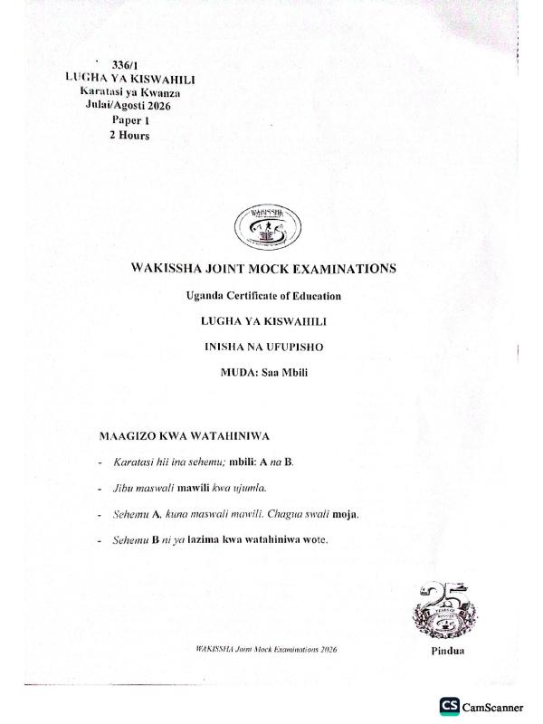 UCE WAKISSHA KISWAHILI PAST PAPER 2026
