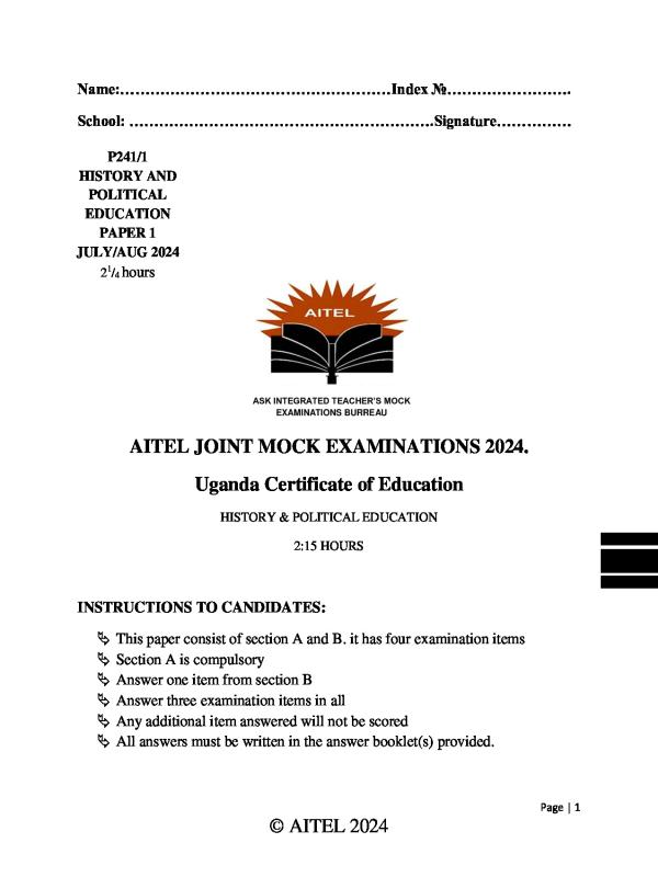 History Assessment Exam Papers for Ugandan Secondary Schools (S1-S6)
