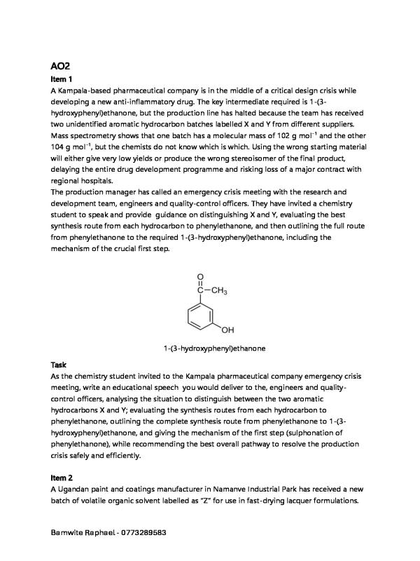 S6 Chemistry Revision Questions and Study Items for UNEB UACE