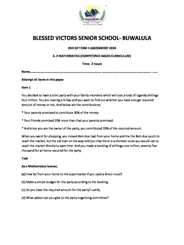 Senior Two (S2) Mathematics Assessment Exam