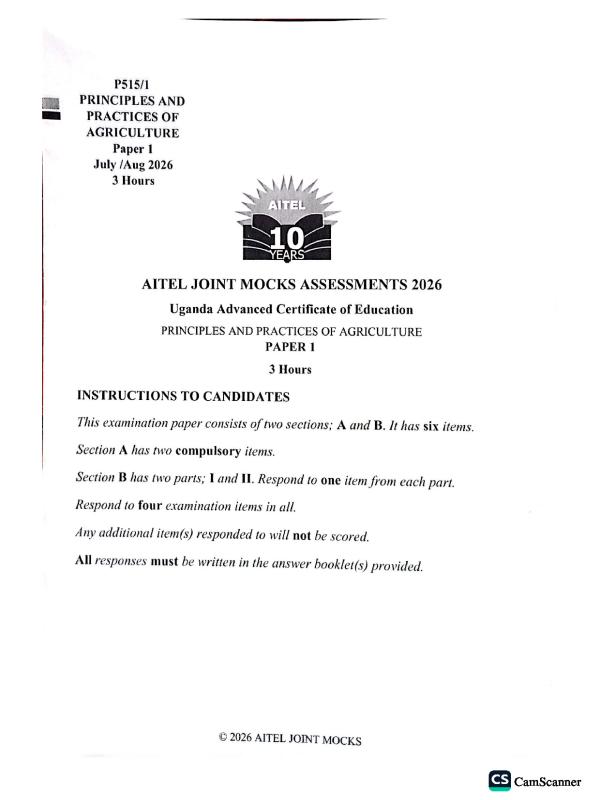 AITEL UACE Agriculture Paper 1 Mock Exam 2026