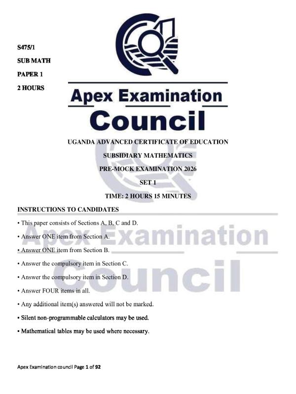 A-Level Subsidiary Mathematics Assessment Tests 2026 (UNEB S5 & S6)