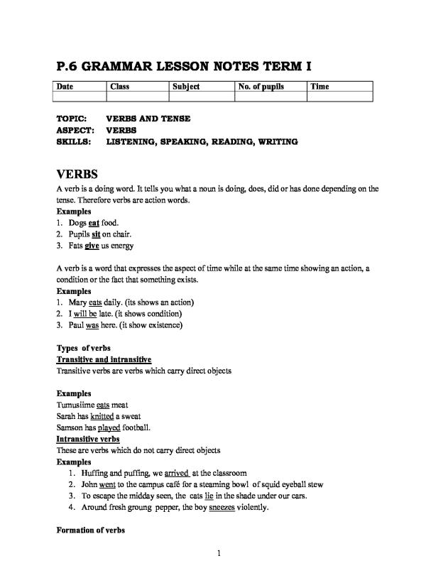 Primary 6 English Grammar Lesson Notes - Term 1