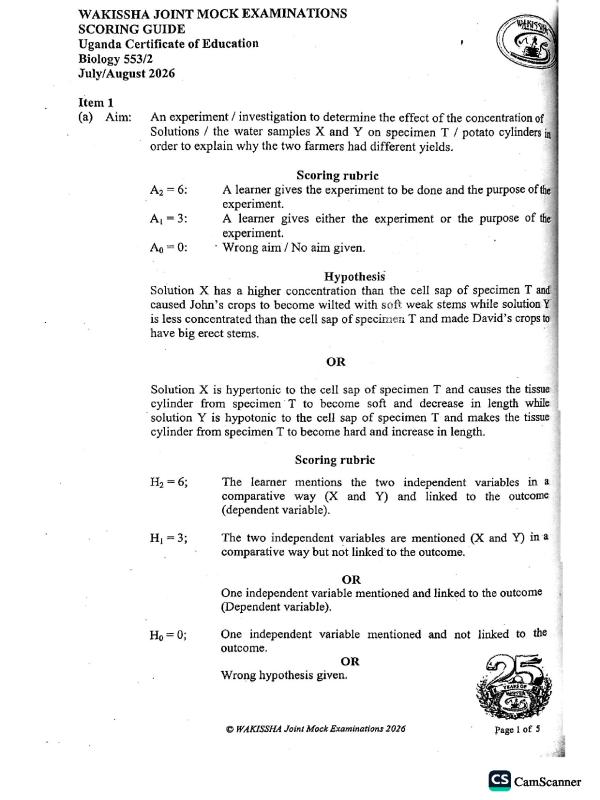 Wakisha UCE Biology Paper 2 & 3 Guides for 2026 Exams - Uganda National Examinations Board (UNEB)