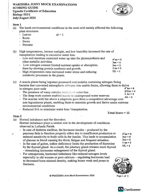 WAKISSHA UCE Biology Paper 1 Revision Guide 2026