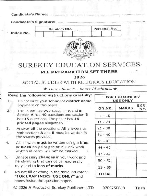 2026 SST Sure Key Pre-PLE Revision Examination Paper (Set 3) - UNEB PLE Preparation