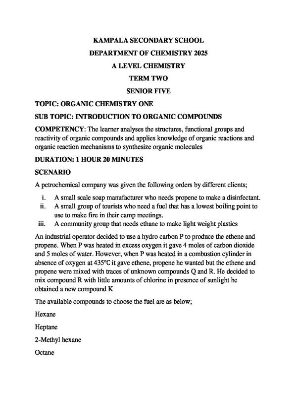 ALEVEL Senior 5 Chemistry Test: Organic Chemistry