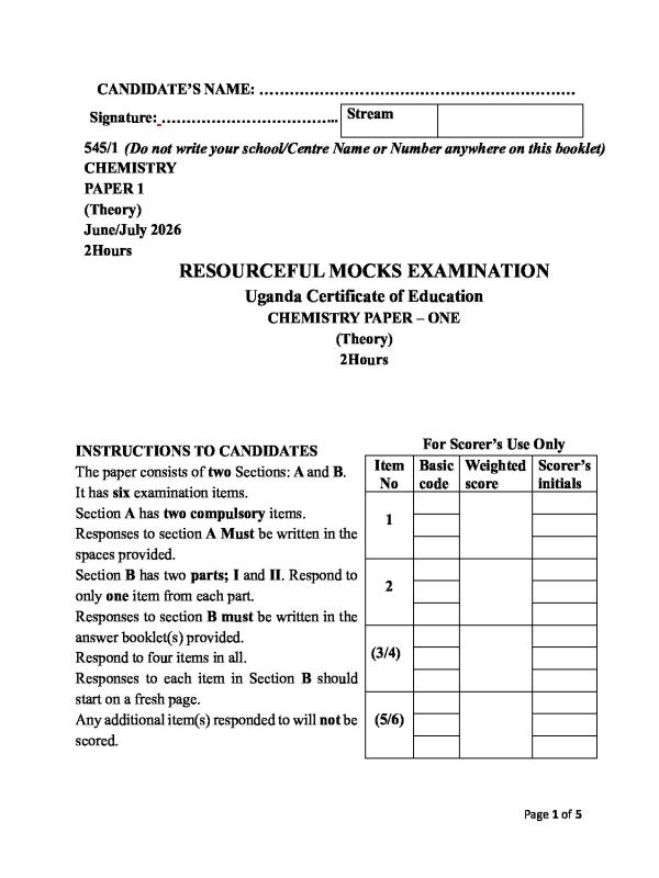 UCE Chemistry Resourceful Mock Exam