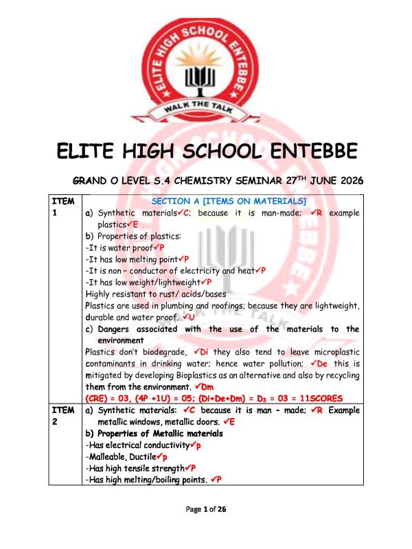 RESPONSES  to Elite UCE Chemistry Seminar ITEMS