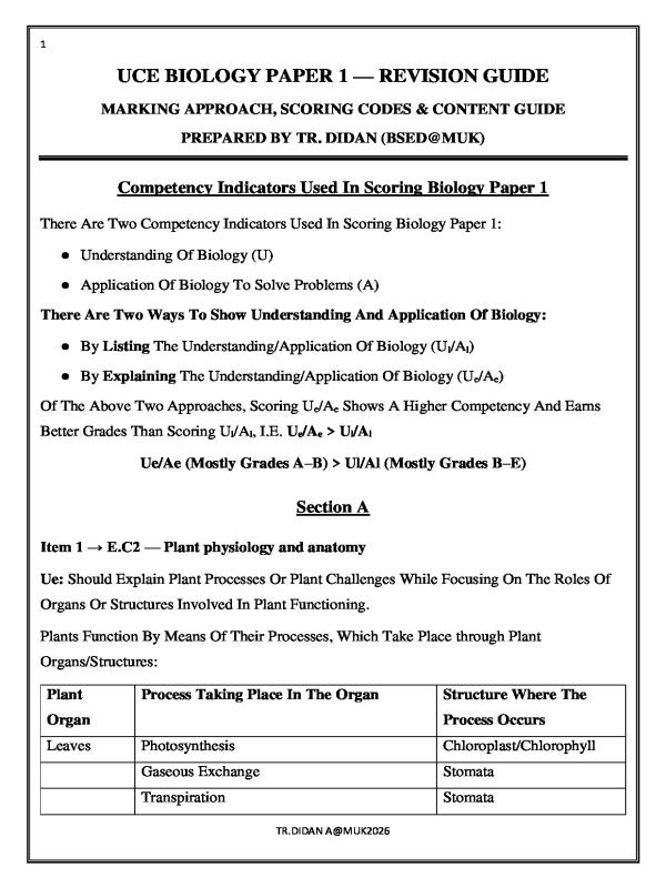 UCE Biology Paper 1 Instructional Material by TR. Didan