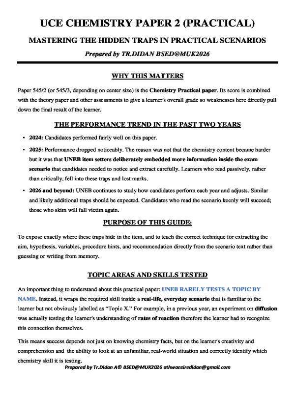 HIDDEN TRAPS IN THE UCE CHEMISTRY PRACTICAL SCENARIO ITEMS  BY TR.DIDAN