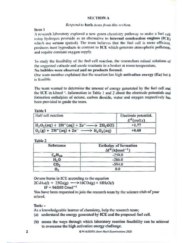 Waskissha A-LEVEL CHEMISTRY PAPER ONE