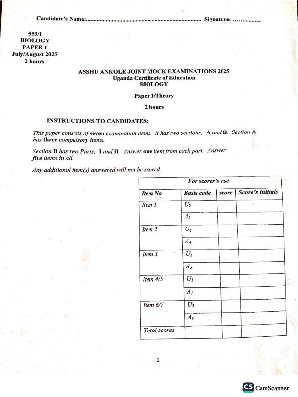 Asshu -Ankole O` level Biology paper one