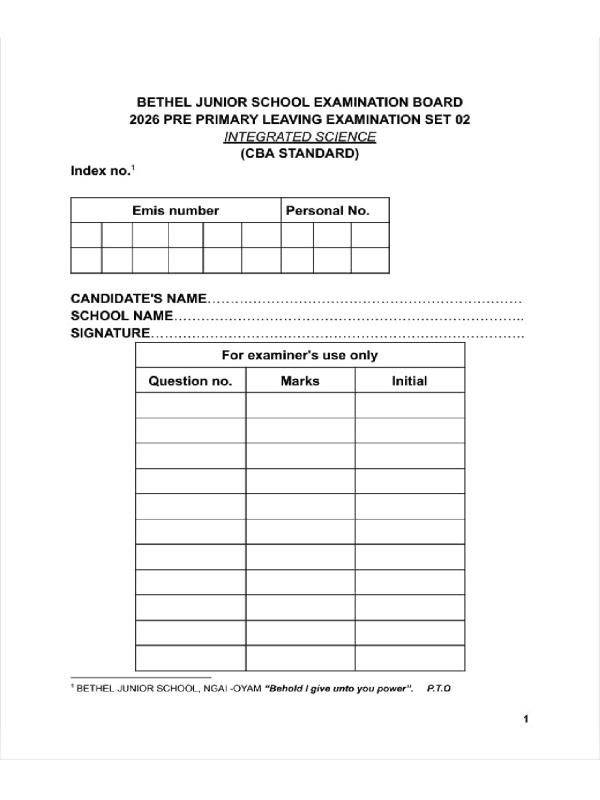 BRTHEL Junior School CBA Science Pre-PLE Set 2