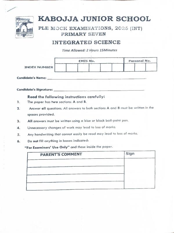 Kabojja Junior School Science PLE Mock Paper 2026