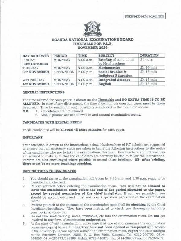 2026 UNEB PLE Examination Timetable