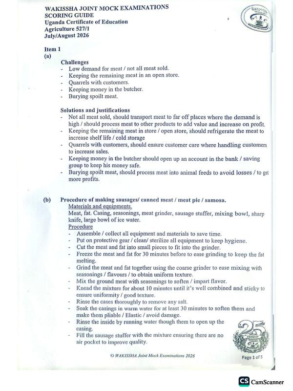 Wakisha O-Level Agriculture Scoring Guide 2026 (UNEB S1–S4)