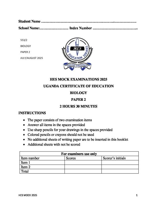 HESS Mock Examinations Biology Paper 2 2025
