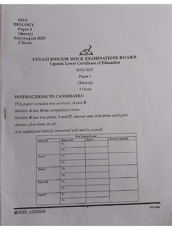 Lugazi Biology Mock Examination Paper 1 2025