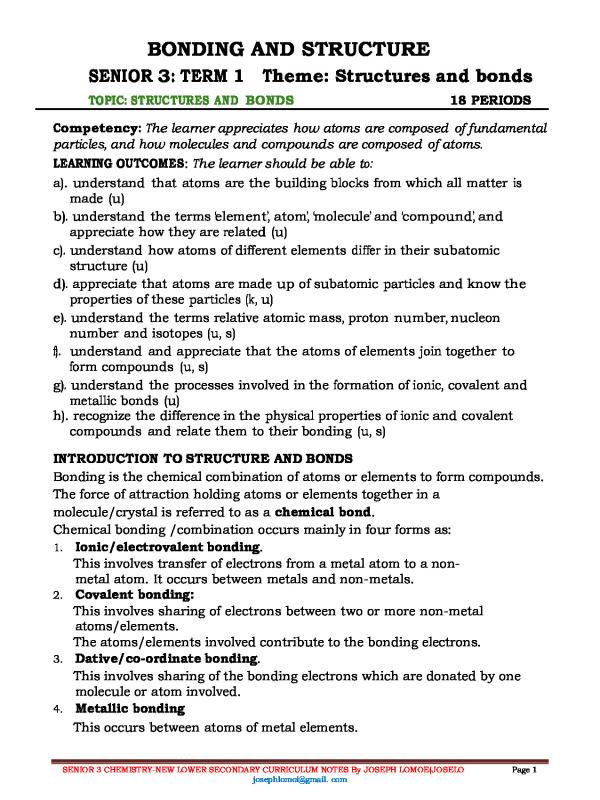 S.3 Chemistry Notes: Chemical Bonding and Structures