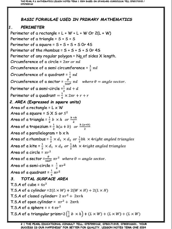 Primary Mathematics: Essential Basic Formulae
