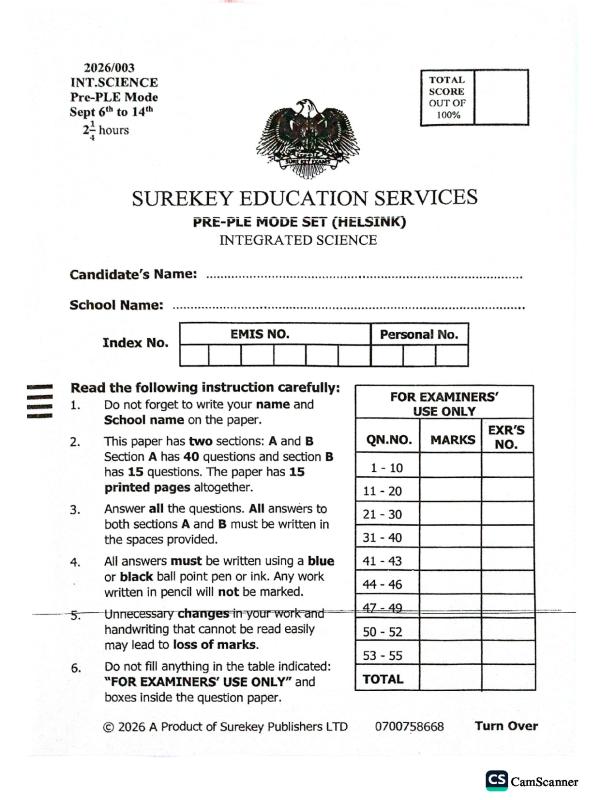 P.7 Science Pre PLE Sure key moderated set(Helsink) 2026