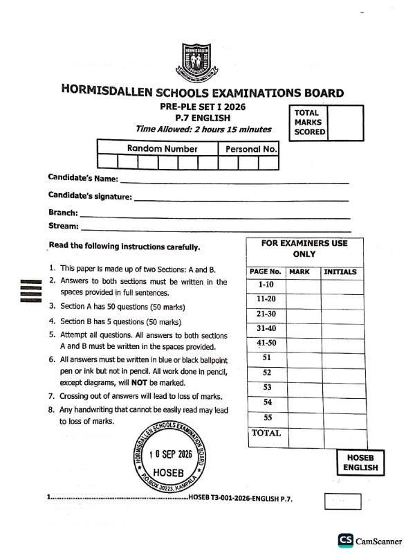 P.7 English Pre PLE set 1 Hormisdallen schools 2026