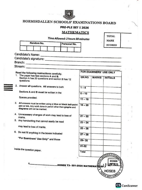 P.7 Mathematics Pre PLE set one Hormisdallen schools 2026