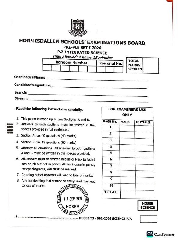 P.7 Science  Pre PLE set one  Hormisdallen schools 2026