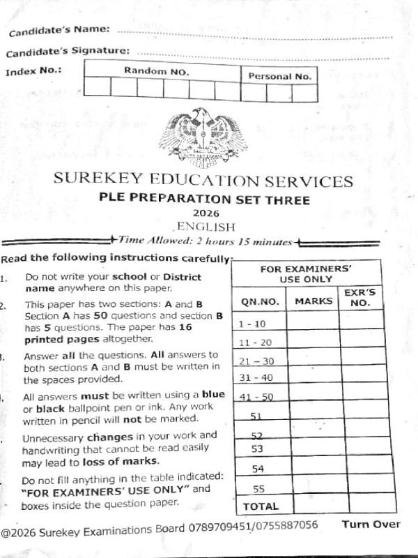 P.7 English Pre PLE set three 2026 Sure key examination board