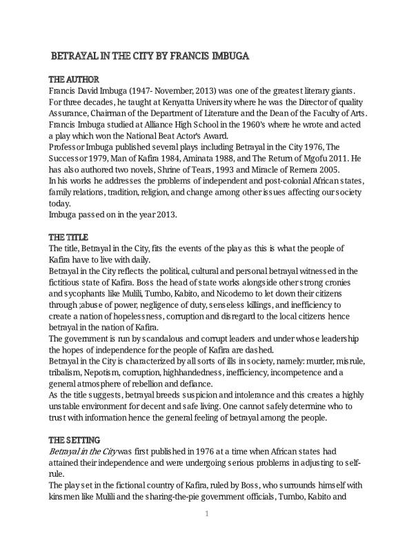 S.3-S.4  Literature novel  Betrayal in the City  by Francis Mbuga