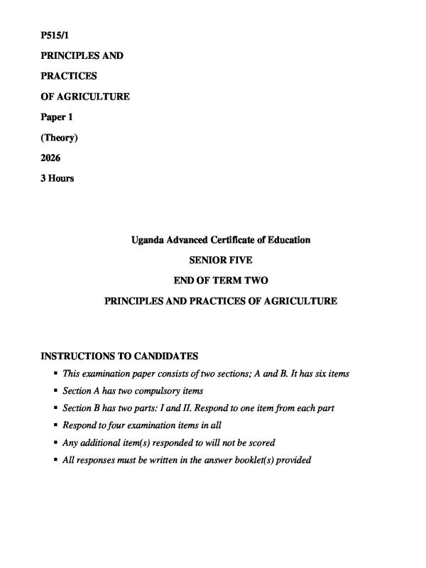 S.5  Agriculture Paper 1  end of Term  two  Examination 2026