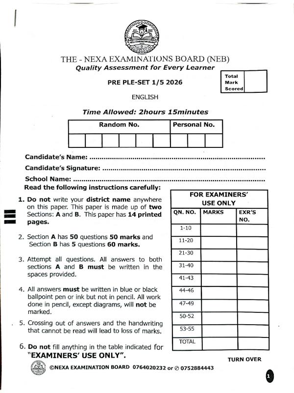 P.7 English  Pre PLE  Examination  Set 1  2026  Nexa Examination Board