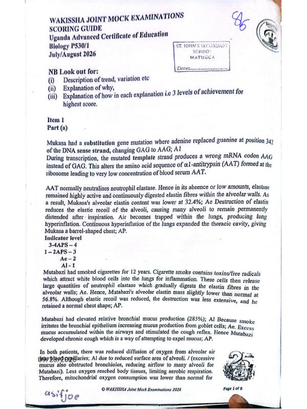 A-Level Biology Scoring Guide for Paper 1 & 2 (UNEB)